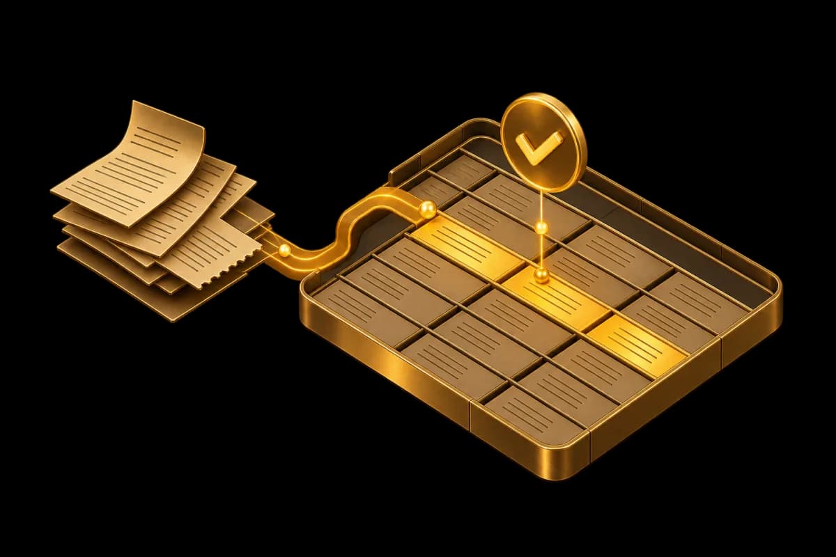 Illustration: a stack of receipts flows along a gold path into a ledger tray with one row lit in gold under a gold check mark badge. Not a product screenshot.