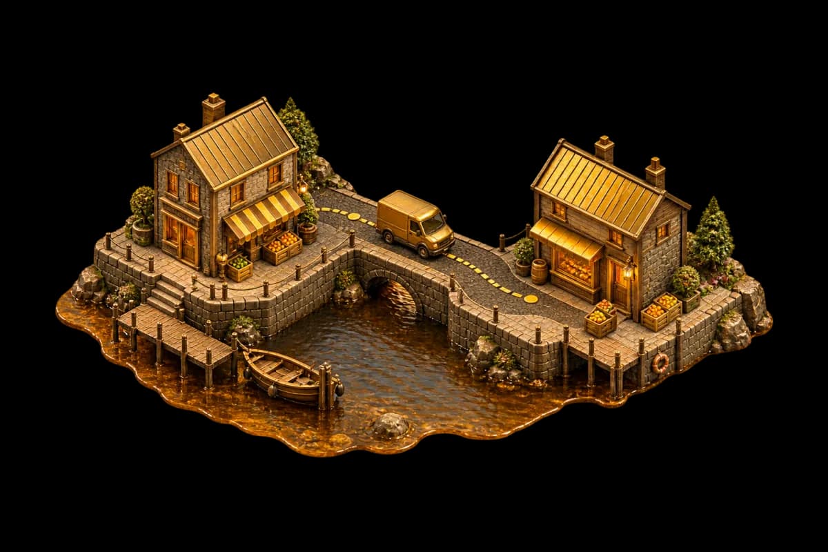 Illustration: a small coastal town on an estuary, with a delivery van on a dashed gold route between two shops and crates of fruit by the quay. Not a product screenshot.