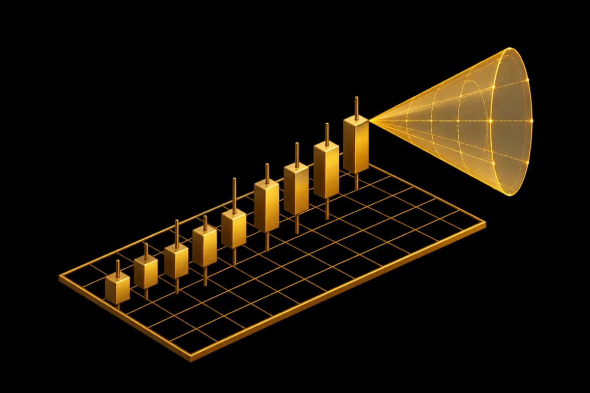 Illustration: gold candlestick bars rise across a grid and end in a translucent gold cone that fans out to show a forecast range. Not a product screenshot.