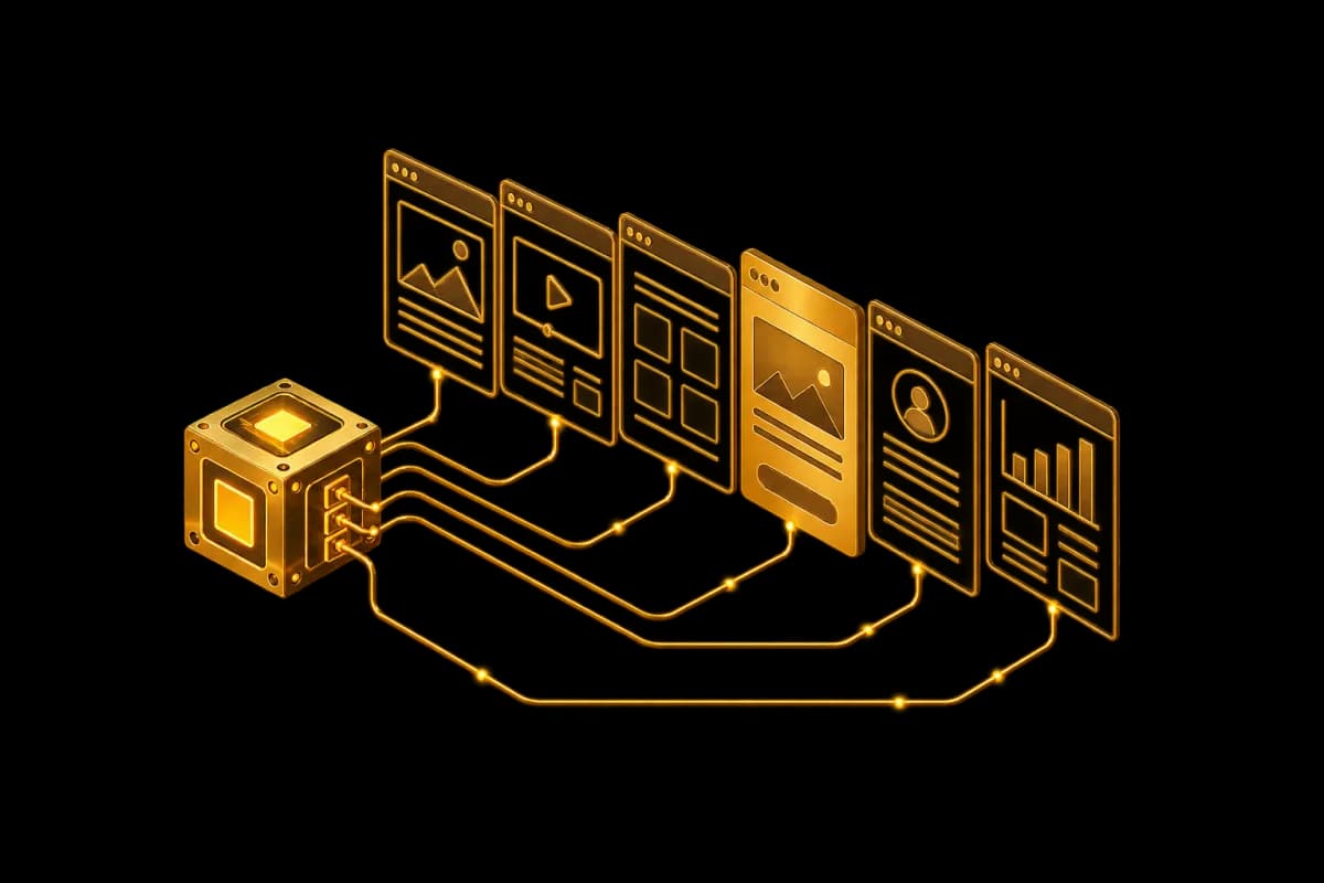 Illustration: a glowing gold cube on the left sends lines to six floating web page panels, one solid gold, with a line running back to the cube. Not a product screenshot.